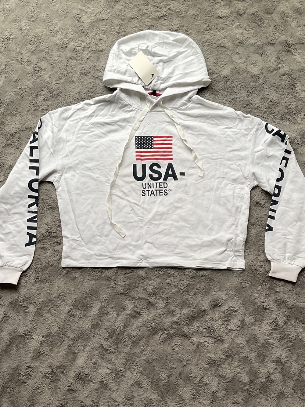 USA Flag White Crop Hoodie “California” - United States Graphic
